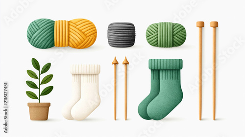 Colorful yarn balls with knitting needles and cozy socks on a white background