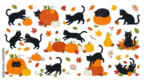 Cute black cats playing with pumpkins and autumn leaves in a festive collection perfect for your fun halloween party designs