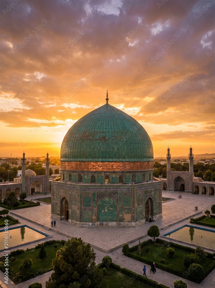 Obraz premium Majestic green dome inspired by traditional Islamic architecture beneath a dramatic golden sunset sky, featuring realistic details, peaceful atmosphere, warm lighting, and generous copy space.