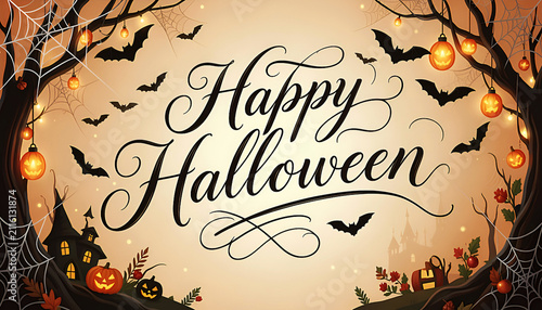 Halloween Scene With Bats Pumpkins And Spooky Castle Illustration