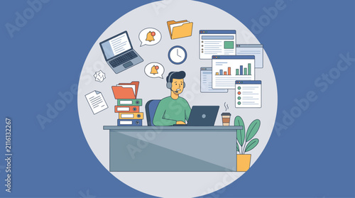 Professional male office worker managing multitasking digital tasks with multiple screens and data charts in modern workspace illustration