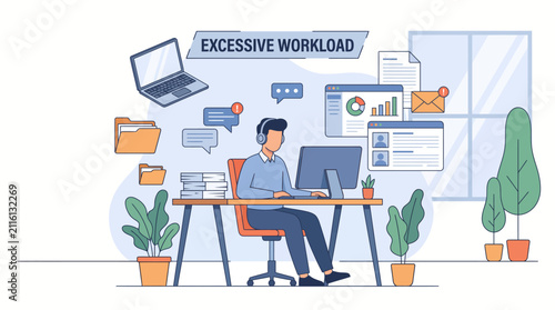 Overwhelmed employee dealing with excessive workload, stress, and multitasking in a busy office environment
