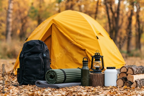 Camping gear and backpack near a yellow tent in the forest during autumn adventure