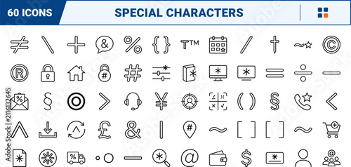 Special Characters Icons line icon set. Vector pictograms of typography, glyphs, punctuation, and interface elements, thin linear illustration.