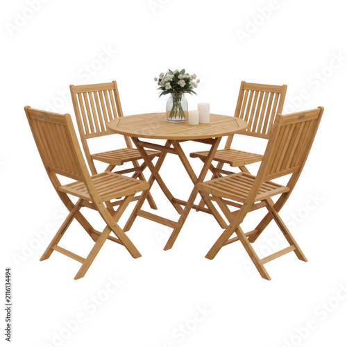 A set of four wooden chairs and a table with a plant in the center.