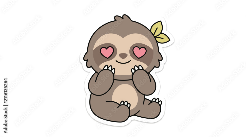 Fototapeta premium Cute Cartoon Sloth Sticker with Heart Eyes and Leaves