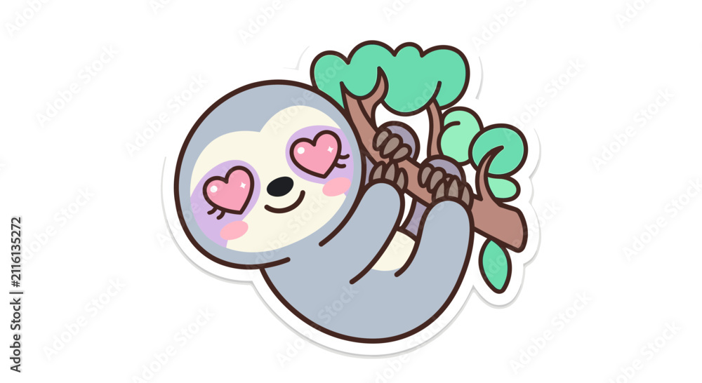 Fototapeta premium Cute Cartoon Sloth Illustration with Heart Eyes Hanging on Tree Branch