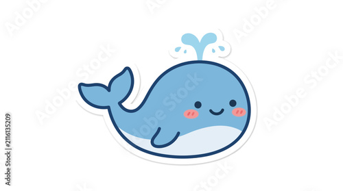 Konstfotografi Cute Blue Whale Cartoon Sticker Illustration with Smiling Face