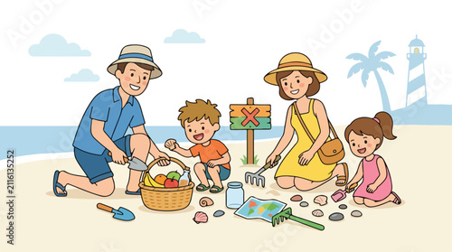 Bild auf Leinwand A cheerful family spends time at the beach, searching for shells and buried treasure with digging tools while a picnic basket sits nearby