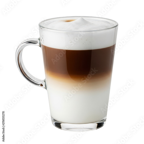 A close-up view of a latte in a white mug with a handle