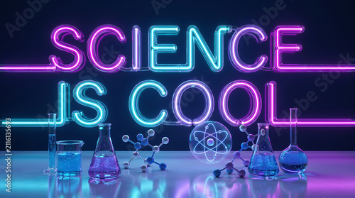 Modern Science Is Cool Glowing Neon Typography Suspended Over Glass Laboratory Beakers Molecules And Atom Models