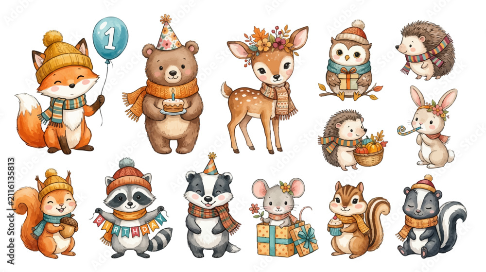 Obraz premium Cute woodland birthday animals with autumn decorations and festive clipart set. Collection of Vector illustrations for invitation, card, poster, banner, decoration