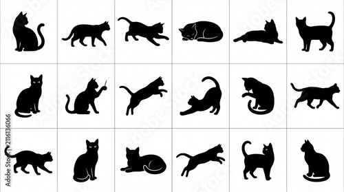 Set of black cat silhouettes in various poses including sitting walking running jumping and playing showing different movements and behaviors of domestic pets in a collection