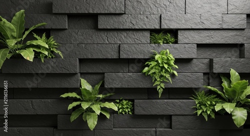 Black brick wall feature with lush green living plants.