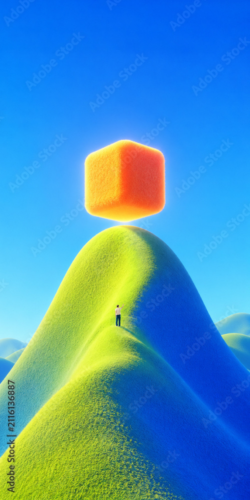 Fototapeta premium Young man ascending green hill toward floating orange cube. Concept of problem solving, personal growth, technological breakthrough.