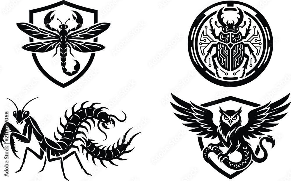 Fototapeta premium Fantasy monster and insect logo collection featuring scorpion dragonfly, tech beetle, mantis centipede hybrid, and winged owl crest