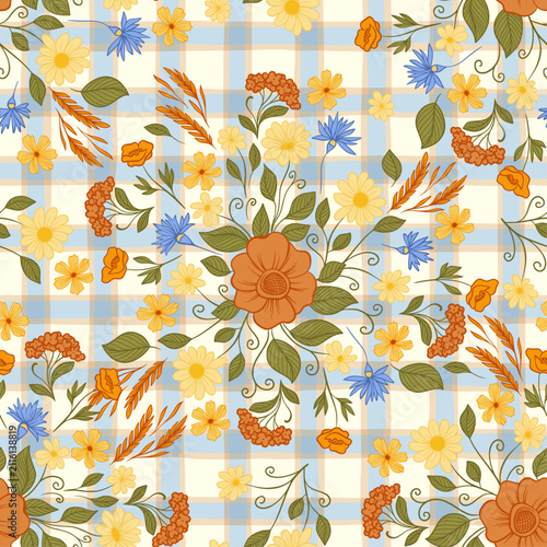 Cottagecore Seamless Floral Pattern with Wildflowers, Gingham Plaid, Daisy, Cornflower, Poppy, Meadow Flowers, Rustic Botanical Vintage Fabric Wallpaper Textile Background