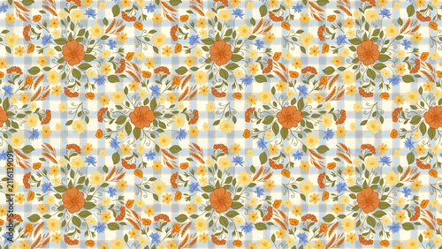 Cottagecore Seamless Floral Pattern with Wildflowers, Gingham Plaid, Daisy, Cornflower, Poppy, Meadow Flowers, Rustic Botanical Vintage Fabric Wallpaper Textile Background