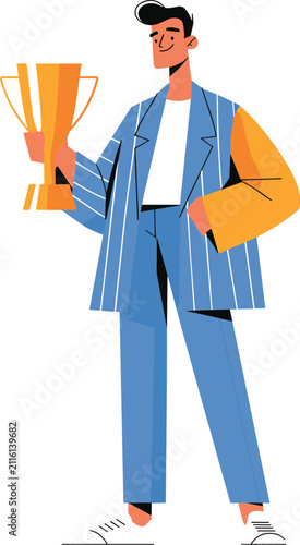 Fotografie Successful businessman holding a gold trophy, flat vector illustration of a winn