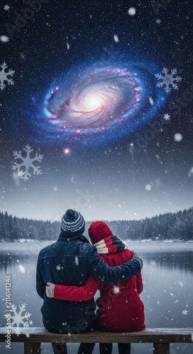 Couple sitting on a bench by a frozen lake looking at a glowing spiral galaxy in a snowy winter night sky