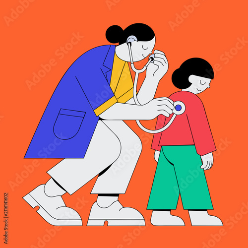 Doctor examining child with stethoscope on orange background  