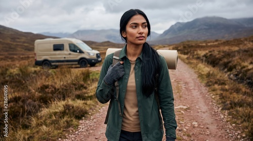 South Asian female traveler setting out across a windswept moorland track with a rolled sleeping mat, while a beige camper van stands near rugged hills beneath a dramatic overcast sky before rainfall