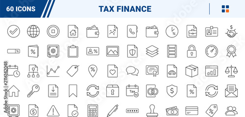 Tax Tracker App Icons line icon set. Vector pictograms of business, finance, accounting, and compliance elements, thin linear illustration.