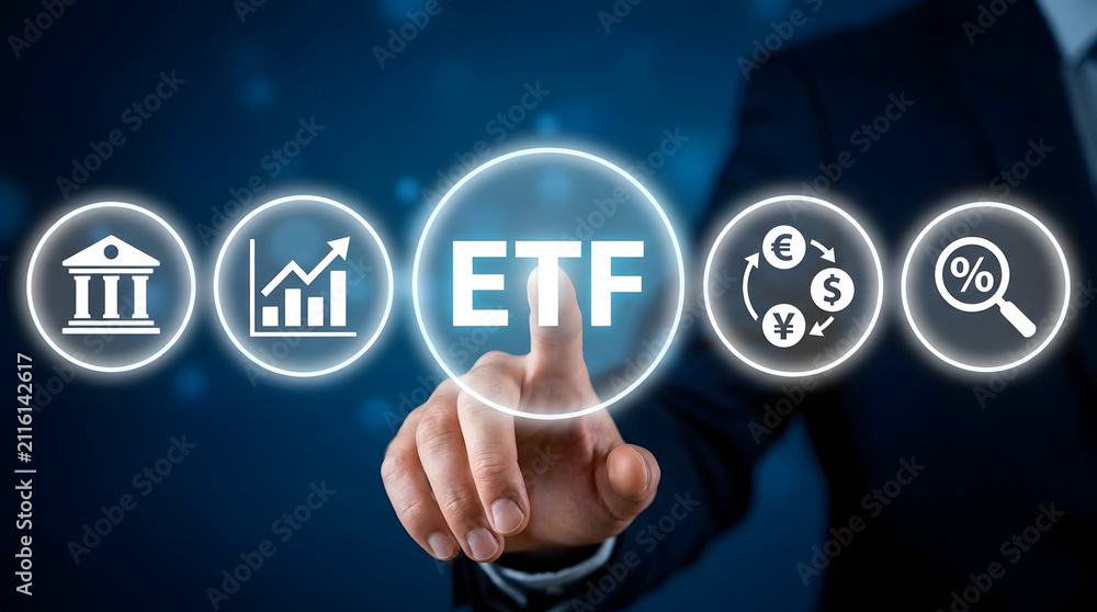 Fototapeta premium Businessman touching ETF button with icons of bank, growth chart, currency exchange, and percentage magnifier on digital interface, representing exchange-traded fund investment concept, finance