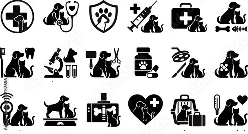 Veterinary clinic and pet health care icons collection showing dog cat care medical equipment with veterinary treatment stethoscope medicine diagnosis grooming