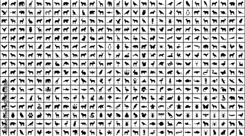 Large collection of black silhouette animal icons featuring various wild and domestic species arranged in a grid pattern for graphic design projects and educational visual materials