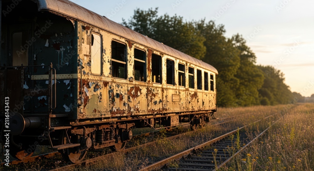 Obraz premium Abandoned train carriage in a field at sunset.