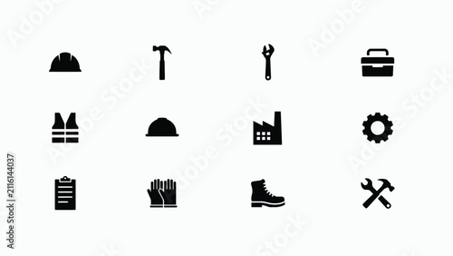 фотографія Minimalist black icons set featuring construction tools safety gear industrial e