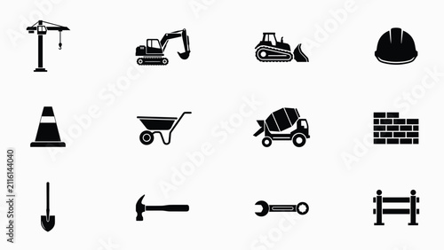 Modern black and white construction equipment and safety tools icon set with minimalist collection twelve construction related icons with displays clean minimalist
