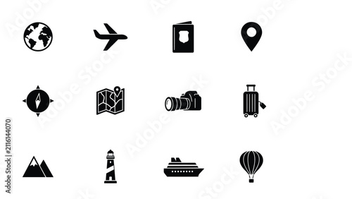 Minimalist travel with high contrast set twelve black silhouette icons representing diverse travel related themes against neutral background