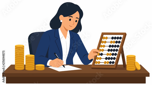 Businesswoman using abacus for accounting. Professional accountant calculating financial data.