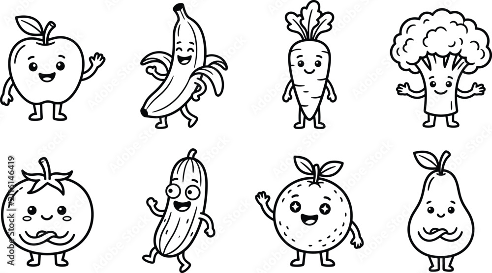 Fototapeta premium Cute Fruit and Vegetable Character Vector Collection with Apple Banana Broccoli and Orange Icons