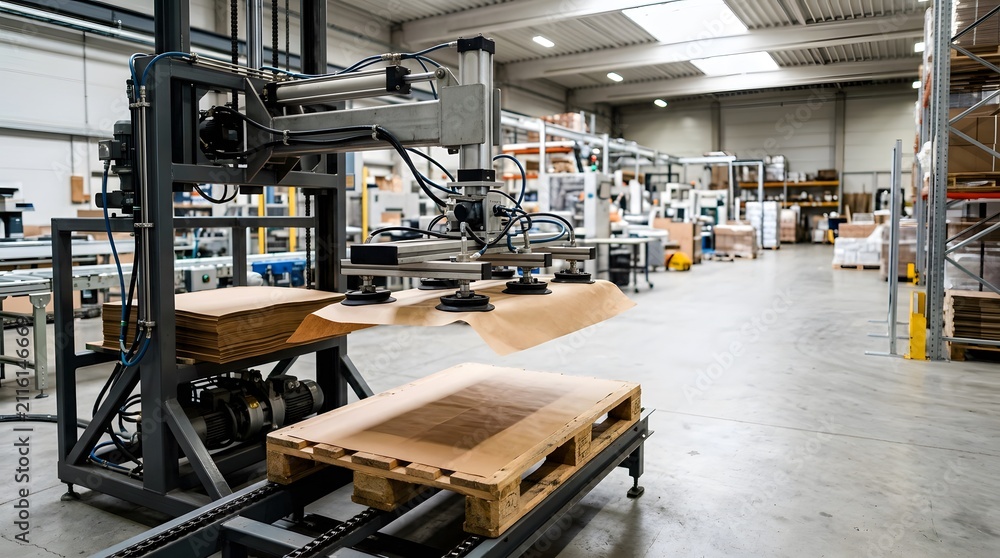 Fototapeta premium industrial vacuum powered pallet sheet dispenser placing protective slip sheets onto pallets before packaging