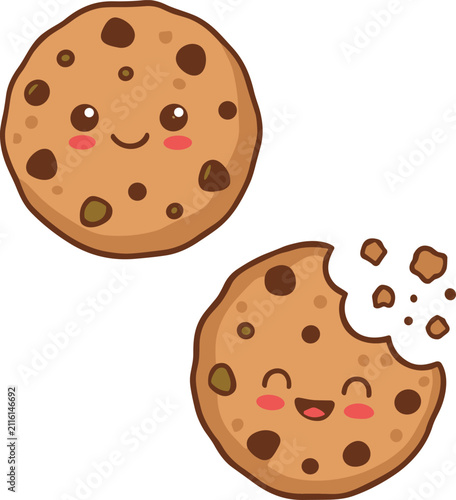 Cartoon chocolate chip cookies with smiling faces whole and bitten design showing playful dessert character illustration