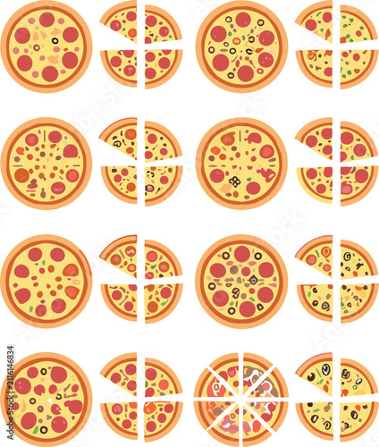 Fotografía Cartoon pizza illustration set with multiple toppings and sliced portions showin