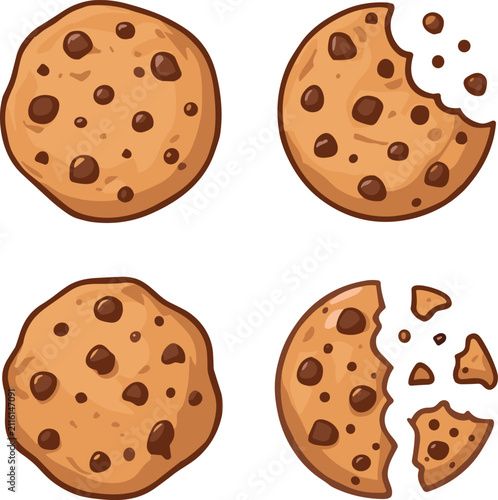 Chocolate Chip Cookie Collection with Whole Bitten and Broken Cookies Isolated on White Background Sweet Bakery Dessert Clipart Set