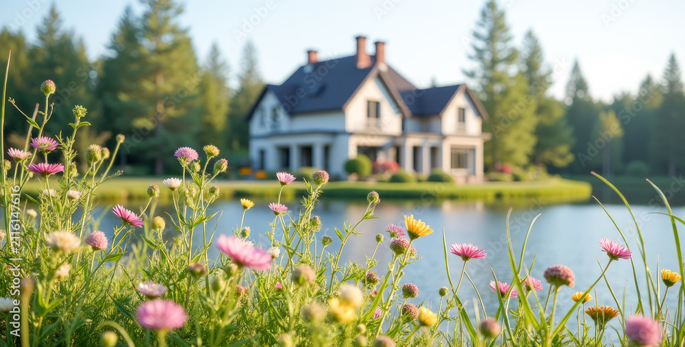 Fototapeta premium meadow flowers on the background of a lake with a beautiful fairy-tale house