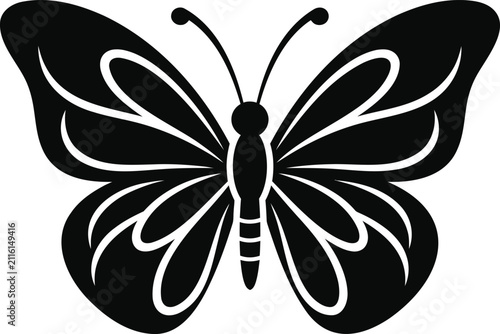 Black butterfly silhouette icon. Minimalist insect graphic for nature design elements.