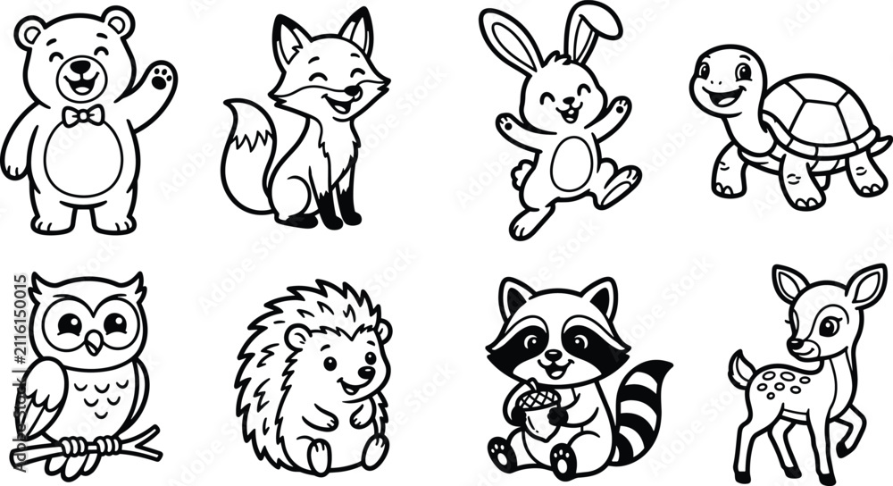 Obraz premium Cute Woodland Animal Character Vector Collection with Bear Fox Rabbit Turtle Owl and Deer