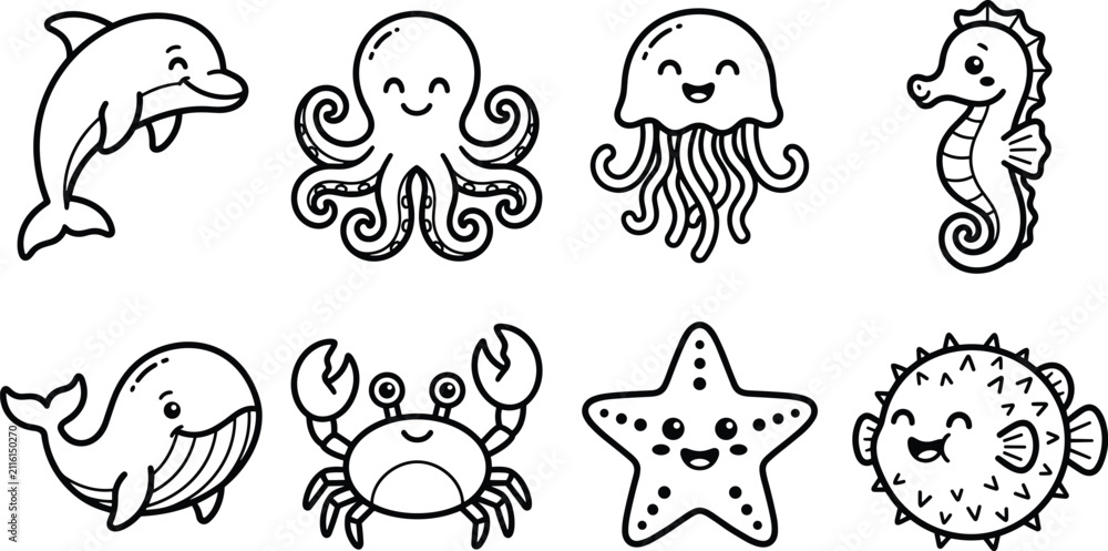 Obraz premium Cute Sea Animals Cartoon Outline Vector Set with Dolphin Octopus Whale and Marine Life