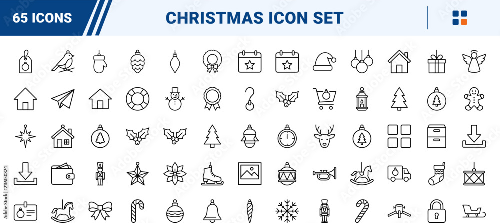 Obraz premium Christmas ornament shop line icon set. Vector pictograms of holiday, bauble, decoration, and tree elements, thin linear illustration.