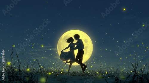 Silhouettes of a dancing couple stand before a large golden moon in a field of warm.