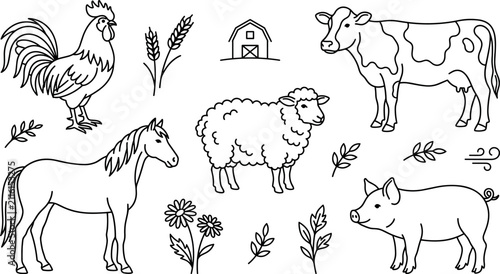 Bild auf Leinwand Farm animals vector element set featuring hand drawn line art cow horse sheep pi