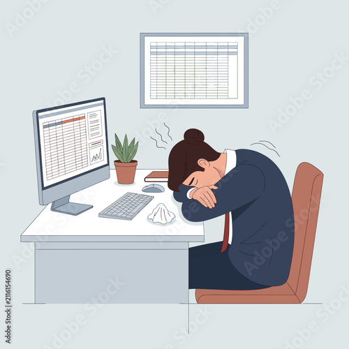 Overwhelmed Employee Head Down Desk Stressed Burnout Syndrome