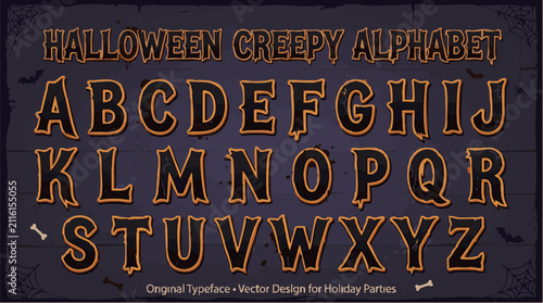 Halloween creepy alphabet, decorative orange and black gothic font with dripping edges on a dark wood plank background, with spiderwebs