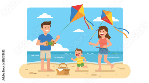 This illustration shows a happy father, mother, and child flying colorful kites on a sunny beach near the blue sea during a summer vacation.